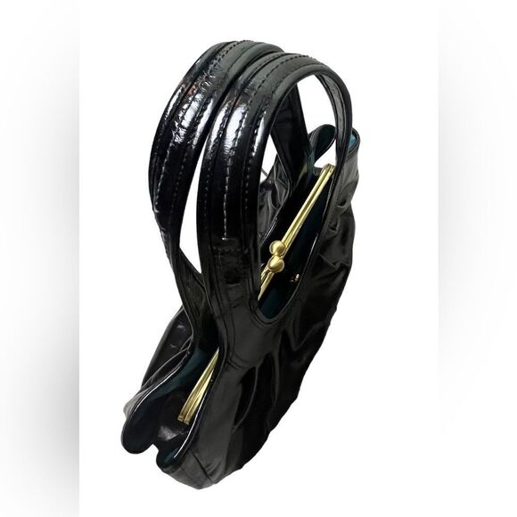 Vintage Pristine Coach Ergo Pleated Frame Kiss Lock Blk Patent Leather Satchel - Picture 4 of 12